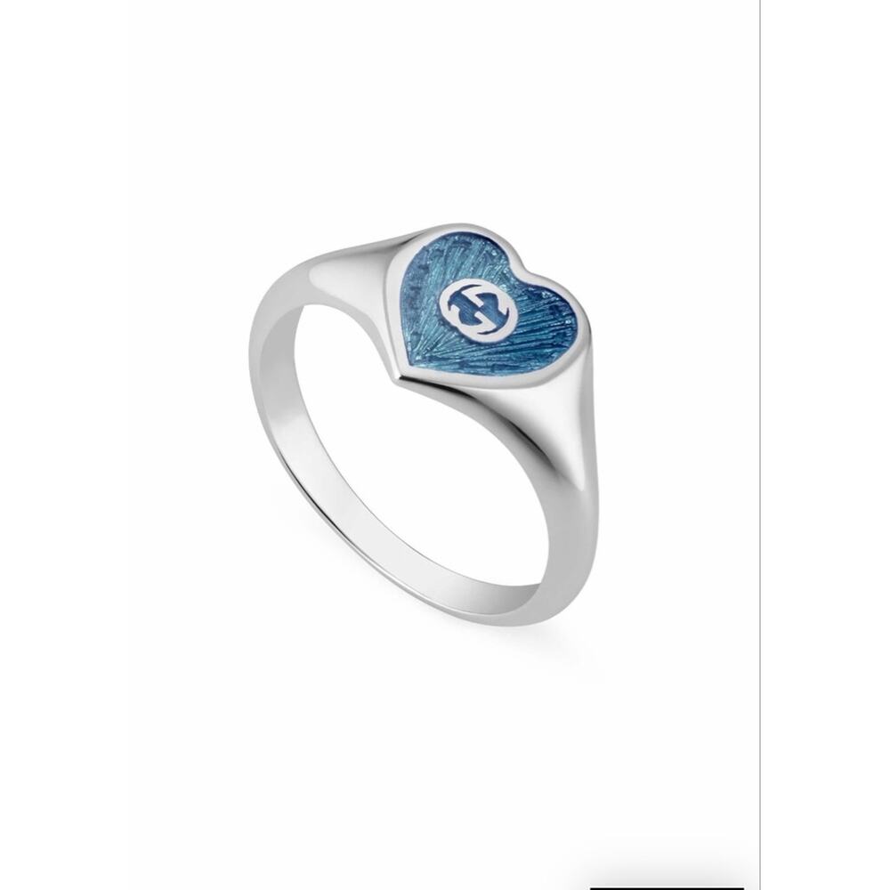 Women's Gucci Silver Heart Interlocking G Ring Sz 7 Blue